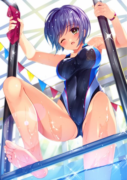 Anime picture 1413x2000 with original moe2017 bucchake (asami) single tall image blush short hair open mouth light erotic yellow eyes purple hair one eye closed sparkle from below wet girl swimsuit one-piece swimsuit pool competition swimsuit