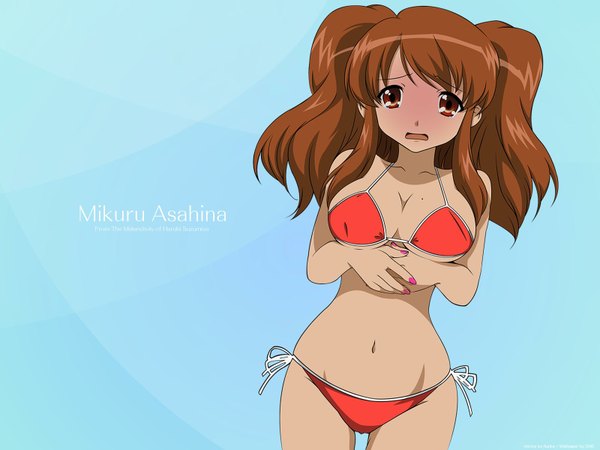 Anime picture 1600x1200 with suzumiya haruhi no yuutsu kyoto animation asahina mikuru blush light erotic girl swimsuit bikini red bikini