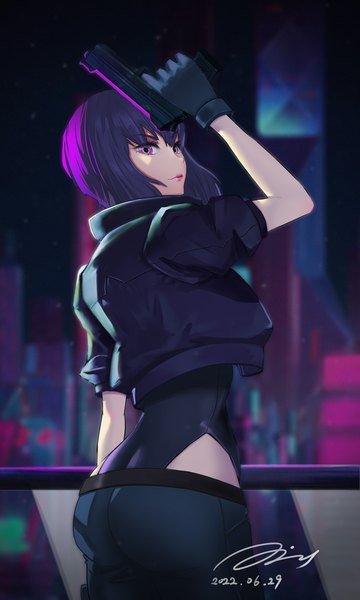 Anime picture 960x1600 with ghost in the shell ghost in the shell: sac 2045 production i.g kusanagi motoko veve777art single tall image short hair purple eyes signed purple hair arm up dated girl gloves weapon black gloves jacket gun leotard