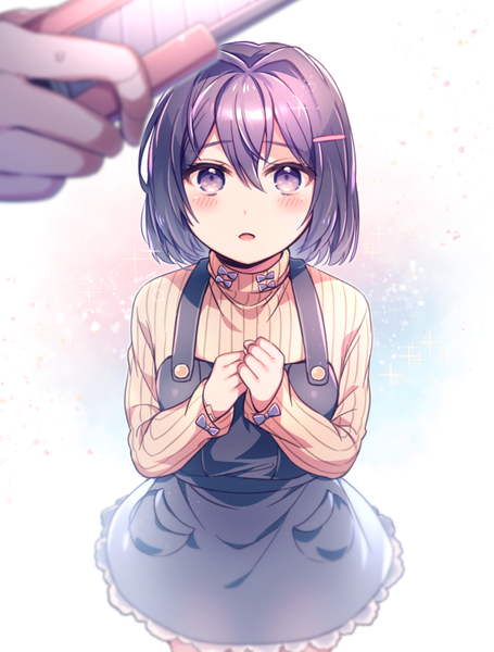 Anime picture 675x890 with doki doki literature club yuri (doki doki literature club) aicedrop tall image blush fringe short hair open mouth simple background hair between eyes standing purple eyes holding purple hair long sleeves from above blurry :o sparkle alternate costume