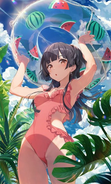 Anime picture 1814x3000 with idolmaster idolmaster shiny colors mayuzumi fuyuko joey koguma single long hair tall image looking at viewer blush fringe highres breasts open mouth light erotic black hair standing holding brown eyes sky cleavage