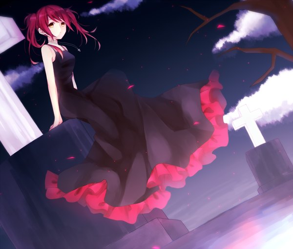 Anime picture 1176x1000 with original mizk6 single looking at viewer fringe sitting twintails bare shoulders yellow eyes cloud (clouds) red hair night night sky girl dress plant (plants) petals tree (trees) black dress cross