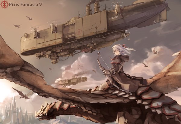 Anime picture 1200x826 with original pixiv fantasia pixiv fantasia v xiao qiang (overseas) sky cloud (clouds) pointy ears grey hair grey eyes smoke girl cloak dragon bow (weapon) castle aircraft airship dirigible