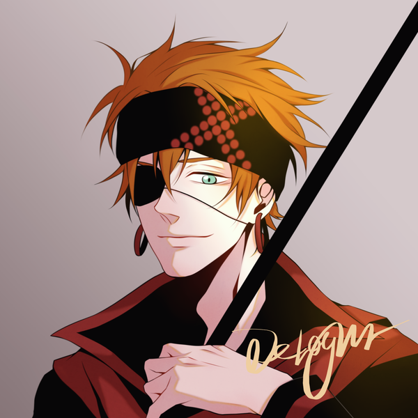 Anime picture 2000x2000 with d.gray-man lavi delight hsia single looking at viewer fringe highres short hair simple background smile hair between eyes holding green eyes signed upper body light smile orange hair grey background portrait boy