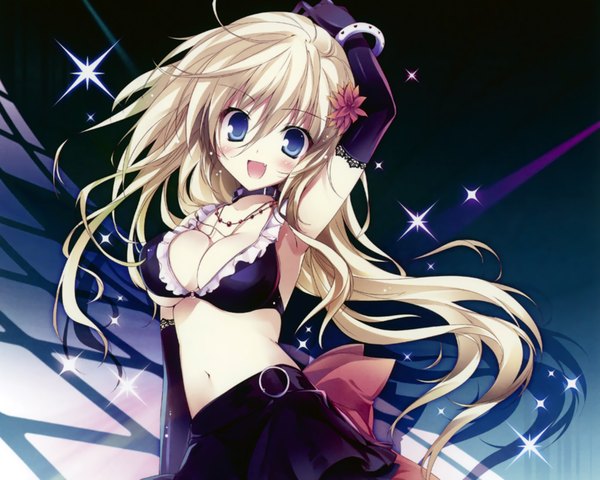 Anime picture 1600x1280 with original karory single long hair blush breasts open mouth blue eyes light erotic blonde hair cleavage armpit (armpits) girl skirt gloves navel hair ornament elbow gloves