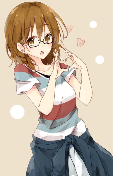Anime picture 600x932 with original kurottari single tall image looking at viewer blush fringe open mouth simple background hair between eyes standing brown eyes braid (braids) :o side braid striped brown background heart hands girl glasses