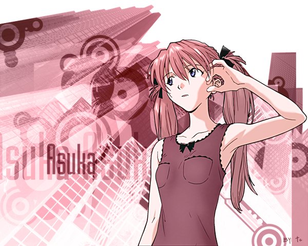 Anime picture 1280x1024 with neon genesis evangelion gainax soryu asuka langley sadamoto yoshiyuki single long hair fringe hair between eyes purple eyes twintails signed looking away pink hair upper body arm up armpit (armpits) character names adjusting hair third-party edit polychromatic