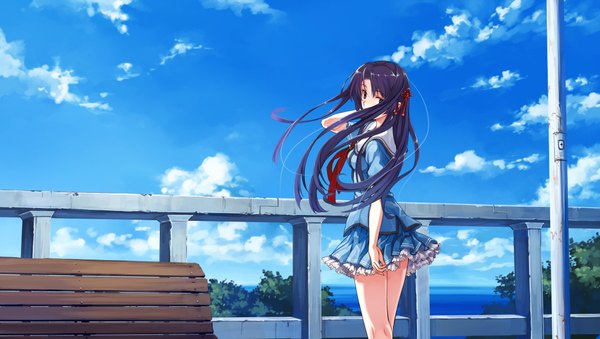 Anime picture 2048x1160 with suiheisen made nan mile? koga sayoko misaki kurehito single long hair looking at viewer blush fringe highres wide image standing blue hair game cg sky cloud (clouds) outdoors head tilt looking back wind from behind