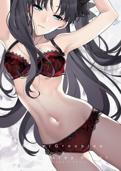 Anime picture 852x1205 with fate (series) fate/stay night toosaka rin yaoshi jun single long hair tall image looking at viewer blush fringe breasts blue eyes light erotic black hair hair between eyes light smile arms up armpit (armpits) two side up underwear only