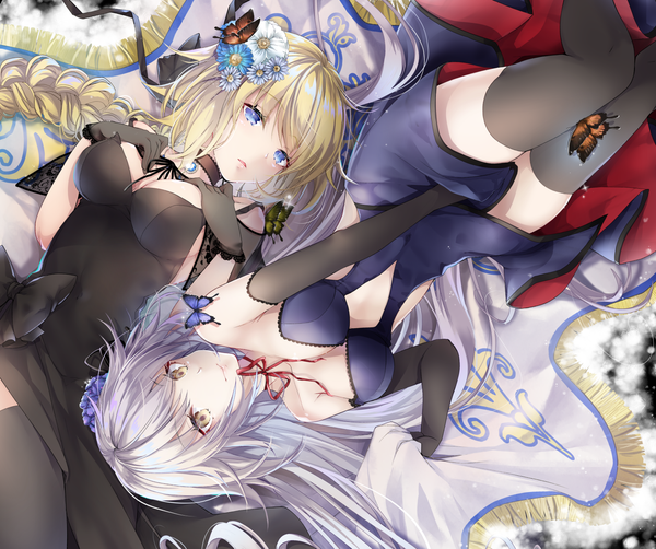 Anime picture 1500x1256 with fate (series) fate/grand order jeanne d'arc (fate) (all) jeanne d'arc alter (fate) jeanne d'arc (formal dress) (fate) akatsuki hijiri long hair blush fringe breasts open mouth blue eyes light erotic blonde hair large breasts multiple girls yellow eyes cleavage silver hair bent knee (knees)