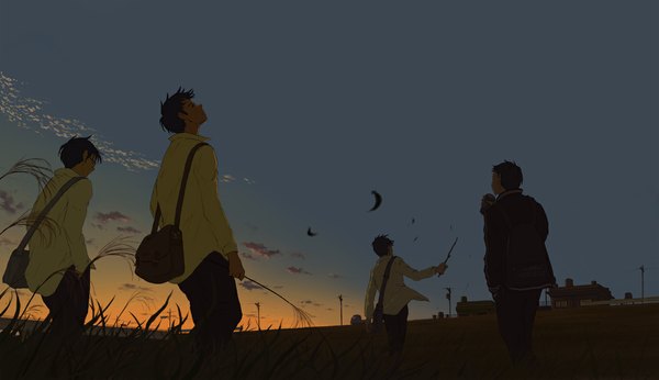 Anime picture 1100x636 with original goke shike (altamira05) short hair wide image standing looking away sky cloud (clouds) sunlight evening sunset looking up field boy plant (plants) shirt glasses bag grass school bag