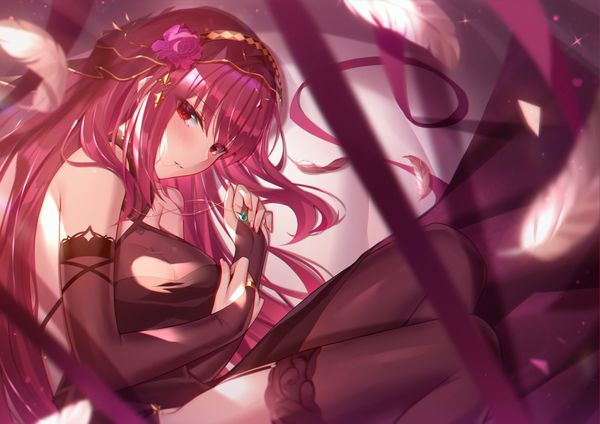 Anime picture 3035x2149 with fate (series) fate/grand order scathach (fate) (all) scathach skadi (fate) black fire (peter02713) single long hair looking at viewer blush fringe highres breasts light erotic hair between eyes red eyes bare shoulders payot absurdres bent knee (knees) red hair