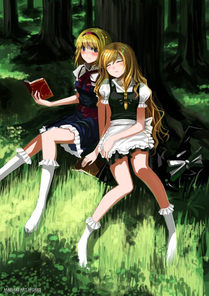 Anime picture 1350x1910 with touhou kirisame marisa alice margatroid maisaki tall image blush blue eyes blonde hair multiple girls braid (braids) witch girl ribbon (ribbons) 2 girls plant (plants) tree (trees) hairband book (books) grass witch hat