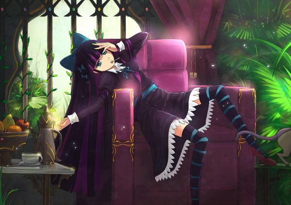 Anime picture 1500x1060 with panty & stocking with garterbelt anarchy stocking single long hair blue eyes purple hair multicolored hair colored inner hair reclining girl thighhighs dress hair ornament bow plant (plants) hair bow black dress striped thighhighs fruit lollipop