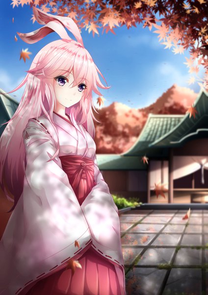 Anime picture 1881x2660 with honkai impact 3rd benghuai xueyuan honkai (series) yae sakura chahei single long hair tall image looking at viewer blush fringe highres breasts smile hair between eyes standing purple eyes animal ears pink hair sky