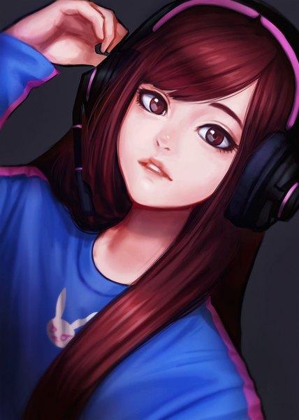 Anime picture 1300x1820 with overwatch blizzard entertainment d.va (overwatch) jungon single long hair tall image looking at viewer simple background brown hair brown eyes upper body long sleeves parted lips lips black background hand on headphones girl headphones microphone