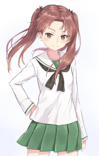 Anime picture 580x910 with girls und panzer kadotani anzu shikou sakugo (qqap9gt9k) single long hair tall image looking at viewer blush simple background smile brown hair white background twintails brown eyes pleated skirt wind hand on hip girl skirt uniform