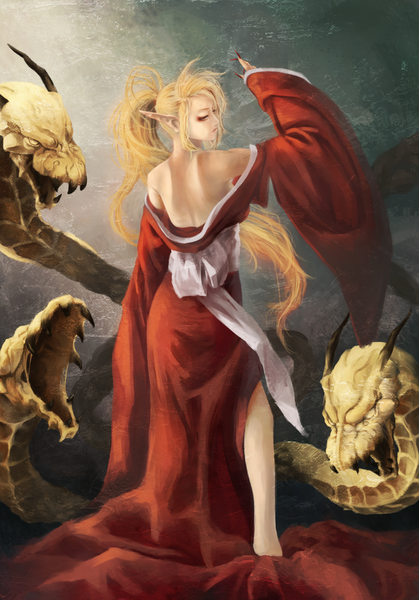 Anime picture 1398x2000 with romancing saga romancing saga 3 byunei akaikitsune single long hair tall image blonde hair standing bare shoulders yellow eyes ponytail nail polish traditional clothes japanese clothes barefoot horn (horns) fingernails pointy ears from behind
