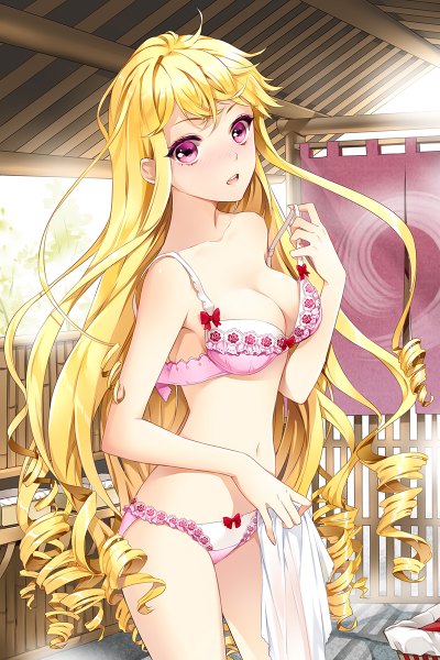 Anime picture 800x1200 with sword girls cinia pacifica cocoon (loveririn) single long hair tall image looking at viewer blush breasts open mouth light erotic blonde hair purple eyes underwear only drill hair girl navel underwear panties lingerie