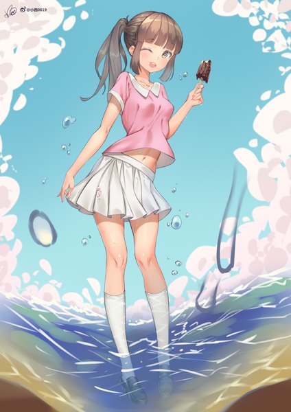 Anime picture 2828x4000 with original konishi (565112307) single long hair tall image looking at viewer blush fringe highres open mouth smile brown hair standing holding brown eyes signed payot sky cloud (clouds) full body