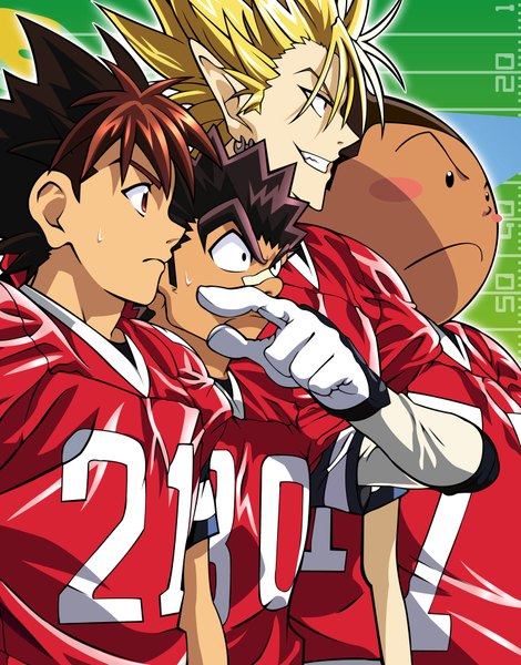 Anime picture 1428x1822 with eyeshield 21 production i.g hiruma youichi kobayakawa sena raimon taro kurita ryokan tall image blush short hair blonde hair smile brown hair brown eyes pointy ears multiple boys group vector bandaid on nose boy uniform