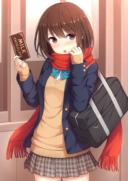 Anime picture 752x1062 with original nakamura sumikage single tall image looking at viewer blush fringe short hair open mouth hair between eyes brown hair standing holding brown eyes indoors pleated skirt plaid skirt sweatdrop girl skirt