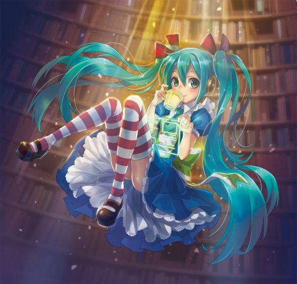 Anime picture 1200x1149 with vocaloid hatsune miku yamori (stom) single blush light erotic twintails very long hair aqua eyes aqua hair girl thighhighs dress headphones striped thighhighs