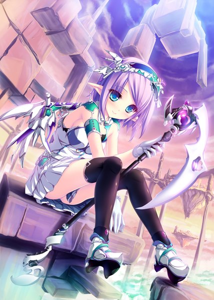 Anime picture 1500x2100 with original tenmaso tall image looking at viewer blush short hair blue eyes light erotic smile purple hair pointy ears girl thighhighs dress skirt weapon black thighhighs shoes scythe