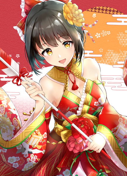 Anime picture 1111x1530 with idolmaster idolmaster cinderella girls takafuji kako different single tall image looking at viewer blush short hair open mouth black hair standing bare shoulders holding yellow eyes payot traditional clothes :d japanese clothes hair flower
