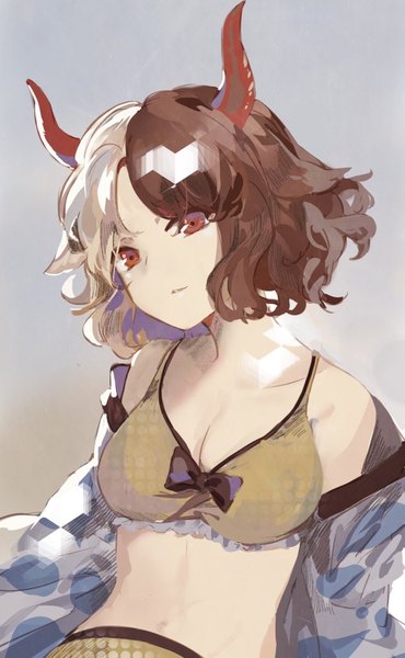 Anime picture 632x1024 with touhou ushizaki urumi kita (kitairoha) single tall image short hair breasts light erotic simple background red eyes brown hair animal ears white hair traditional clothes japanese clothes multicolored hair horn (horns) grey background two-tone hair cow ears