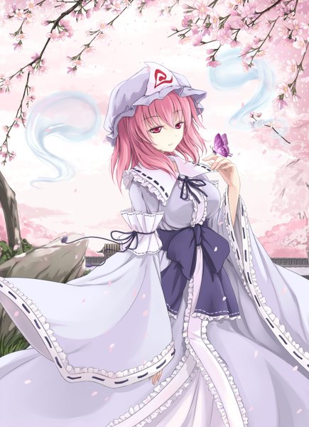 Anime picture 1000x1378 with touhou saigyouji yuyuko cloudy.r single tall image short hair pink hair pink eyes cherry blossoms ghost butterfly on hand girl dress bow plant (plants) petals tree (trees) frills insect butterfly