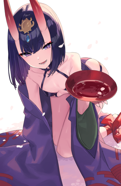 Anime picture 652x1000 with fate (series) fate/grand order shuten douji (fate) chorefuji single tall image fringe short hair open mouth light erotic black hair purple eyes traditional clothes :d japanese clothes horn (horns) on all fours oni horns oni girl