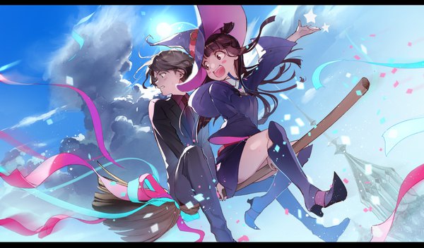 Anime picture 1457x855 with little witch academia studio trigger kagari atsuko andrew hanbridge g.g.lemon long hair blush fringe short hair open mouth black hair red eyes brown hair wide image sitting green eyes looking away sky cloud (clouds) blunt bangs