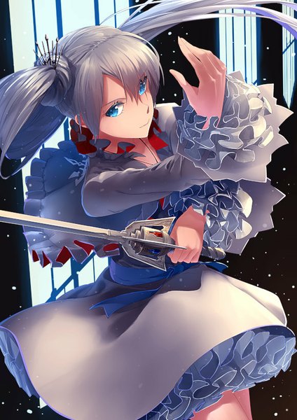 Anime picture 579x818 with rwby rooster teeth weiss schnee touboku single long hair tall image looking at viewer blue eyes twintails silver hair side ponytail girl dress hair ornament weapon epee