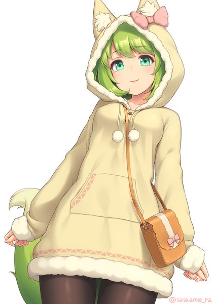 Anime-Bild 650x920 mit original sasaame single tall image looking at viewer blush fringe short hair simple background standing white background green eyes animal ears tail animal tail green hair light smile fur trim fox ears fox tail