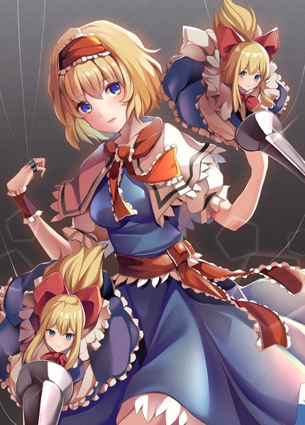 Anime picture 2848x3972 with touhou alice margatroid shanghai koizumo single long hair tall image looking at viewer fringe highres short hair blue eyes blonde hair hair between eyes lens flare girl bow hair bow hairband doll (dolls)