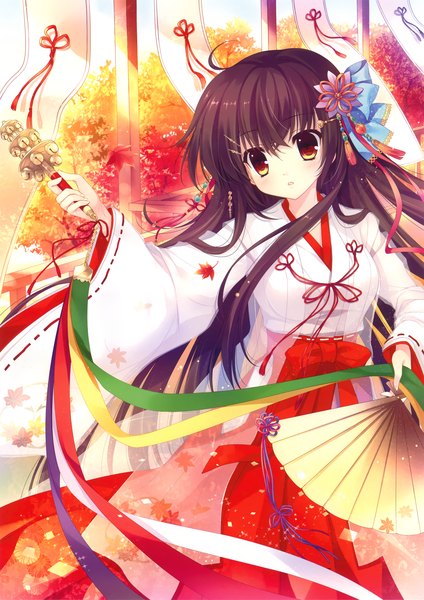 Anime picture 3250x4603 with original mitha single long hair tall image highres black hair brown eyes absurdres traditional clothes japanese clothes miko girl hair ornament ribbon (ribbons) leaf (leaves) bell jingle bell fan kagura suzu