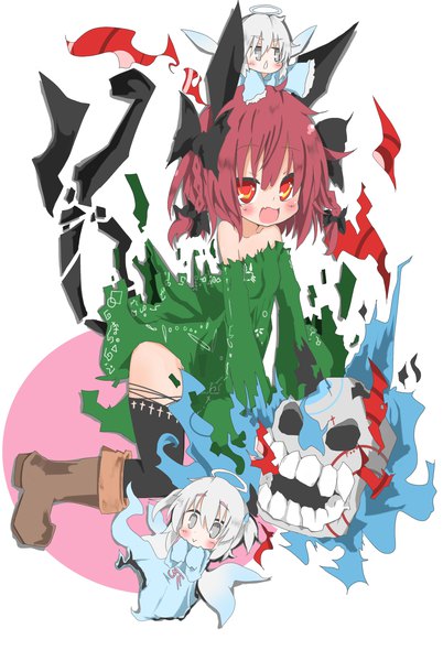 Anime picture 1140x1700 with touhou kaenbyou rin zombie fairy shibainu kisetsu tall image looking at viewer short hair open mouth smile red eyes multiple girls animal ears silver hair red hair tail braid (braids) :d animal tail cat tail grey eyes