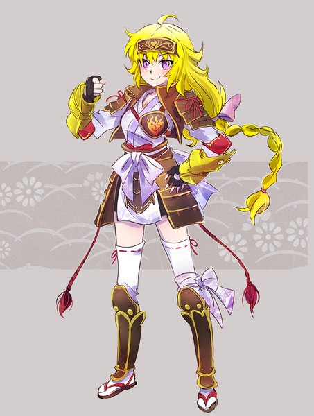Anime picture 1280x1692 with rwby rooster teeth yang xiao long iesupa single long hair tall image looking at viewer simple background blonde hair smile standing purple eyes full body ahoge braid (braids) grey background hand on hip single braid samurai