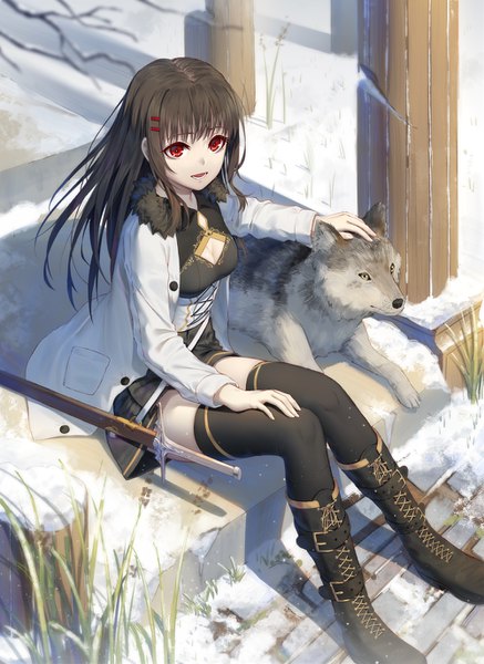 Anime picture 1000x1372 with original ji dao ji single long hair tall image looking at viewer fringe breasts open mouth black hair red eyes sitting full body outdoors blunt bangs pleated skirt open clothes fur trim winter snow