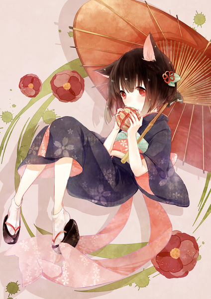 Anime picture 848x1200 with original hozumi rino single tall image looking at viewer blush fringe short hair black hair red eyes holding animal ears looking away bent knee (knees) traditional clothes japanese clothes hair flower cat ears grey background wide sleeves
