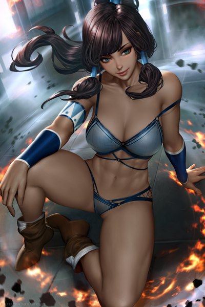 Anime picture 2400x3597 with avatar: the legend of korra korra nudtawut thongmai single long hair tall image fringe highres light erotic black hair smile sitting looking away cleavage full body ponytail aqua eyes wind realistic arm support