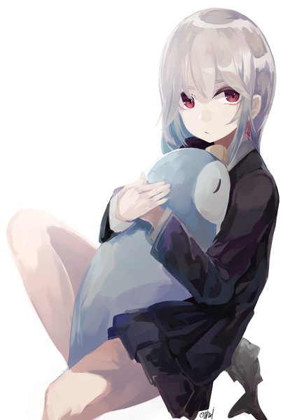 Anime picture 2187x3246 with original roa (ogami ren) ogami ren single long hair tall image looking at viewer fringe highres simple background hair between eyes white background sitting signed silver hair bent knee (knees) pleated skirt hug girl skirt