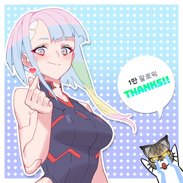 Anime picture 2800x2800 with cyberpunk edgerunners studio trigger lucy (cyberpunk) haje single looking at viewer highres short hair smile silver hair upper body sleeveless text border sweatdrop outside border silver eyes thank you korean finger heart