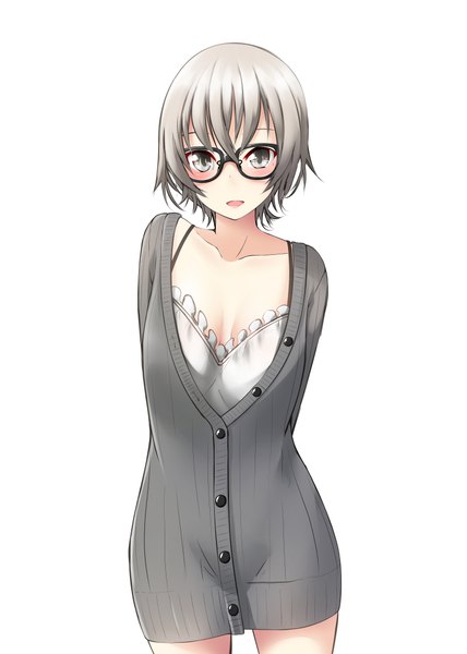 Anime picture 744x1044 with original nekobaka single tall image looking at viewer blush fringe short hair open mouth simple background smile hair between eyes standing grey hair grey eyes hands behind back girl glasses sweater cardigan