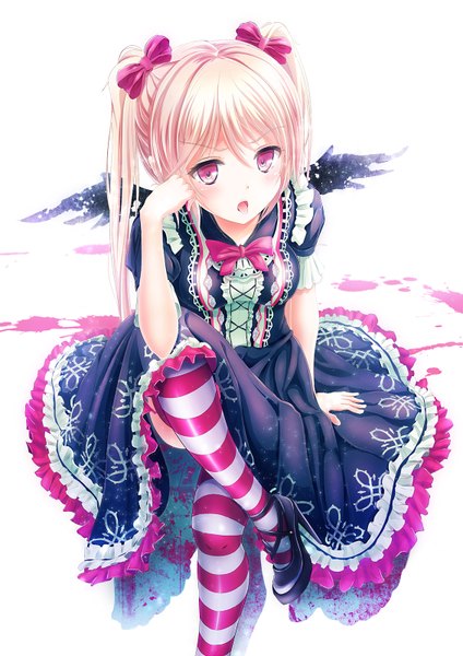 Anime picture 1131x1600 with original alc (ex2 lv) single long hair tall image looking at viewer blush open mouth blonde hair white background twintails pink eyes girl thighhighs dress bow hair bow wings frills striped thighhighs