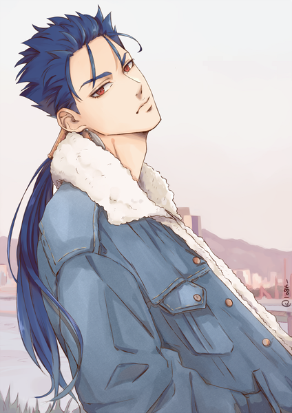 Anime picture 660x933 with fate (series) fate/grand order cu chulainn (fate) cu chulainn (fate/grand order) 1o8k single long hair tall image looking at viewer red eyes signed blue hair upper body outdoors open jacket twitter username low ponytail hands in pockets denim boy