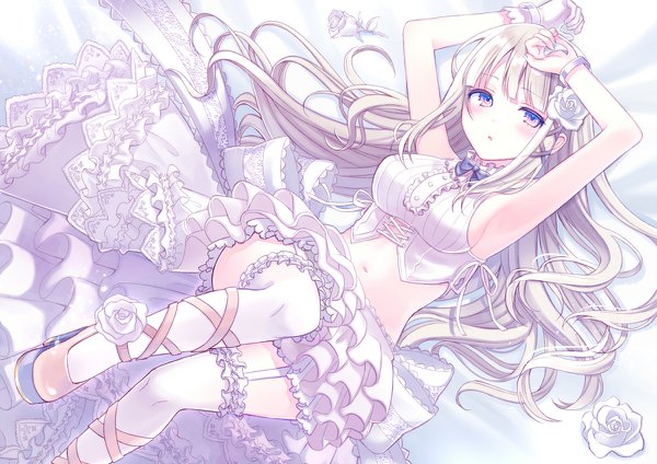 Anime picture 1200x848 with original kashiwabara en single long hair blush fringe breasts light erotic purple eyes payot looking away silver hair lying blunt bangs hair flower arms up armpit (armpits) on back dutch angle sleeveless