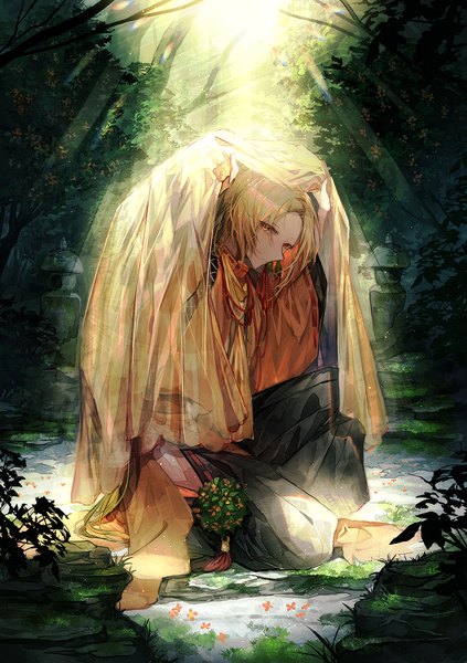 Anime picture 600x850 with original mura karuki single tall image looking at viewer short hair blonde hair holding full body outdoors sunlight wide sleeves arms up orange eyes kneeling sunbeam boy plant (plants) tree (trees) forest
