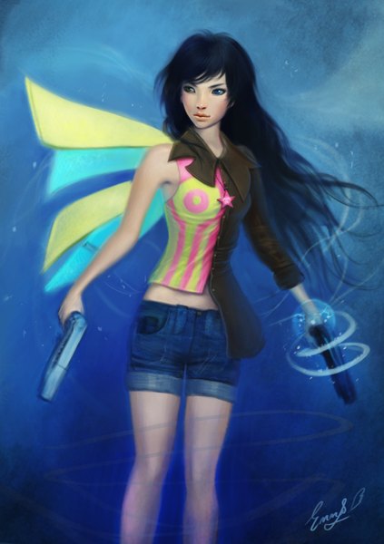 Anime picture 2076x2947 with original wynniemaru single long hair tall image highres blue eyes black hair bare shoulders signed looking away lips girl weapon wings shorts gun pendant